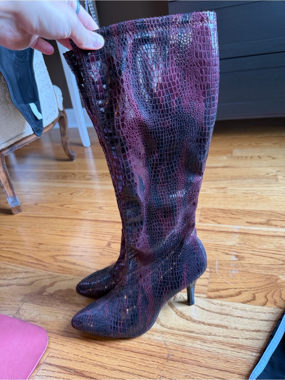 Women's Burgundy Snake-Print Knee Boots - Unbranded